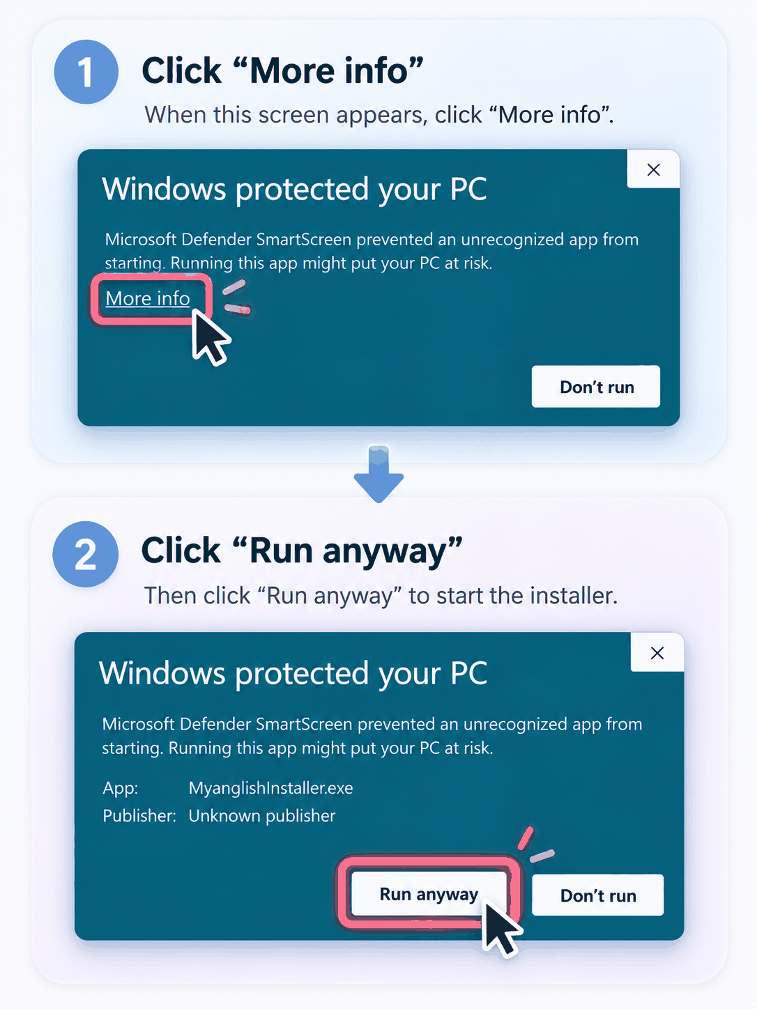 Windows SmartScreen More info and Run anyway guide